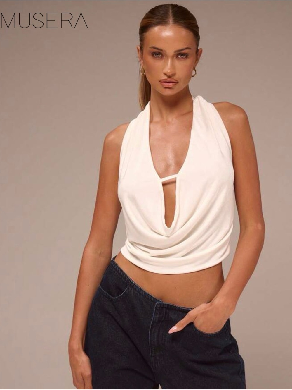 Muse Cream Draped Halter Crop Top